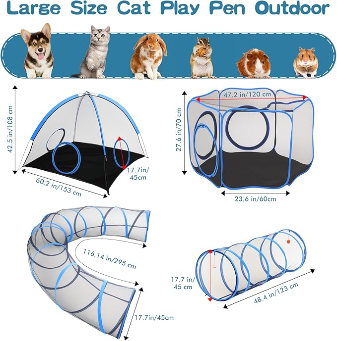 4-in-1 Outdoor Cat Enclosure, Portable Catio Tent with Tunnel | 2 Rooms & 2 Tunnels, Breathable Mesh, Carry Bag, Interactive Toys, Multi-Entry Doors, Indoor & Outdoor Use for Small pets - Image 3