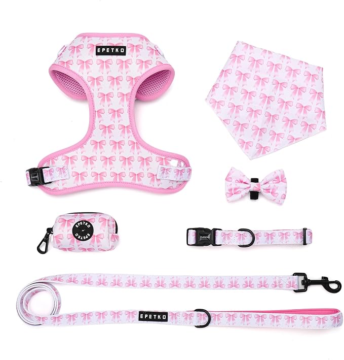Small Dog Harness and Leash Set of 6, No Pull Soft Lightweight Mesh Puppy Harness, Adjustable Cute Floral Pattern Pet Harness for Small Medium Dogs (Pink Bow, M) by Unknown