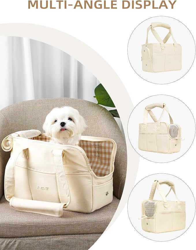 ONECUTE Dog Purse Carrier for Small Dogs Rabbit cat with Large Pockets, Cotton Bag, Dog Carrier Soft Sided, Collapsible Travel Puppy Carrier (Beige, 13.6" L x 6.5" W x 10" H) - Image 3