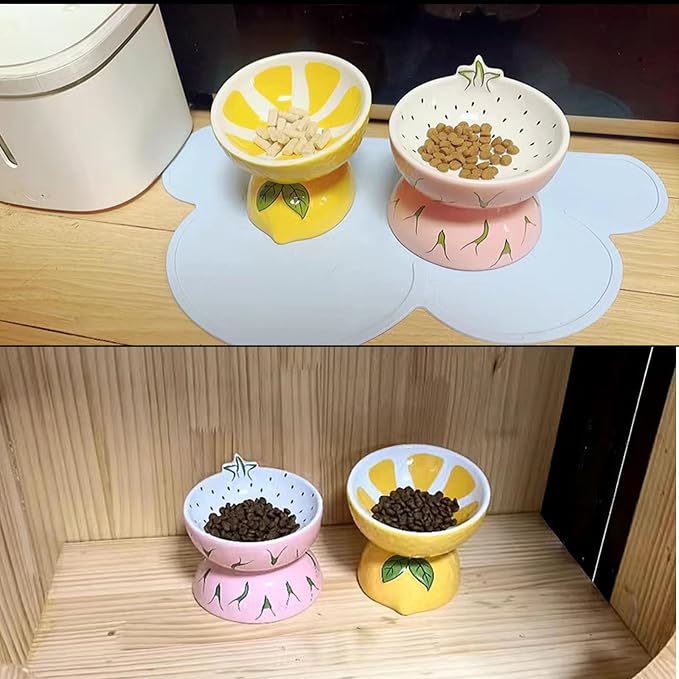 2PCS Ceramic Elevated Cat Bowls Raised Cat Food and Water Bowl Dishes Set | 5.2in Tilted Anti Vomiting Slow Feeder Cat Dishes, Whisker Friendly for Indoor kitten, Lemons & Pitaya Design - Image 7