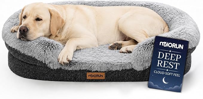 Miorun Fluffy Orthopedic Dog Beds Large Sized Dog, 48" Bolster Sofa Bed | Soft plush faux fur,lowered entry,washable cover,waterproof liner,claming dog couch for x-large dogs,supportive bolster by Miorun