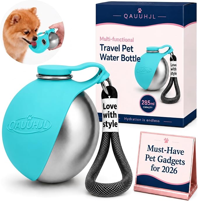 Dog Water Bottle Portable Travel Pet 2-in-1 Stainless Steel Bowl | Dispenser Leak Proof Hydration with Easy Carry Lanyard for Walking Hiking Camping Outdoor Adventures Small Medium Dogs by Unknown