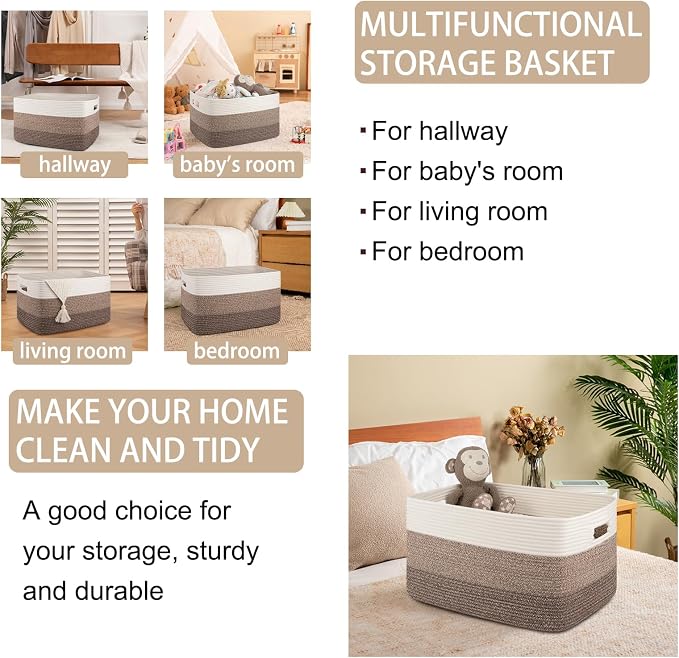 OIAHOMY Blanket Basket Laundry Basket Dog Toy Basket 75L Dark Brown | Large Storage Basket,Baby Basket,Toy Storage,Woven Rope Basket for Blankets,Blanket Storage for Living Room - Image 4