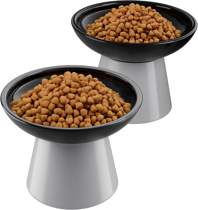 LoeJan Ceramic Cat Bowls, Elevated Cat Food and Water Bowls Set, Extra Wide and Raised Ceramic Bowls, Anti-Vomit Whisker-Free Pressure Cat Feeder for Kittens to Adult Cats by LoeJan