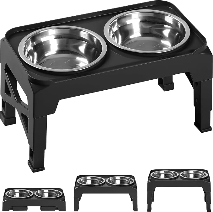 Hubulk Elevated Dog Bowls with 2 Stainless Steel Dog Food & Water Raised Bowls with No Spill Edge Non-Slip Stand Adjusts to 3 Heights(2.75", 6.0", 7.5") for Small Medium Dogs and Pet by Hubulk