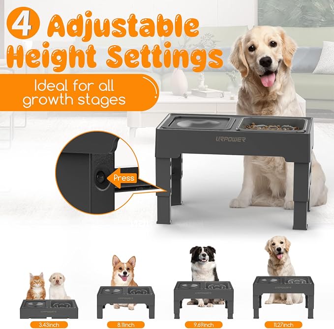 URPOWER 2-in-1 Elevated Slow Feeder Dog Bowls with No-Spill Water Bowl | 4 Height-Adjustable Raised Dog Bowls, Non-Slip Food and Water Bowls with Stand for Small, Medium, Large Dogs, Cats and Pets - Image 2