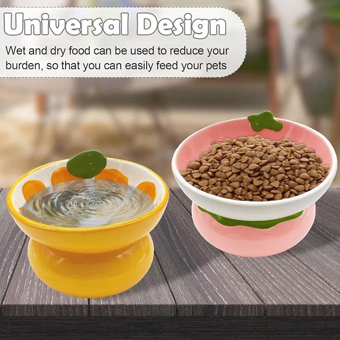 Hamiledyi Ceramic Raised Cat Bowls 15° Tilted Elevated Kitten Food Water Bowl Shallow Whisker Fatigue Kitty Dish Fruit Pet Feeding Bowls Feeder for Indoor Cats Small Dog (Pink Strawberry) - Image 6