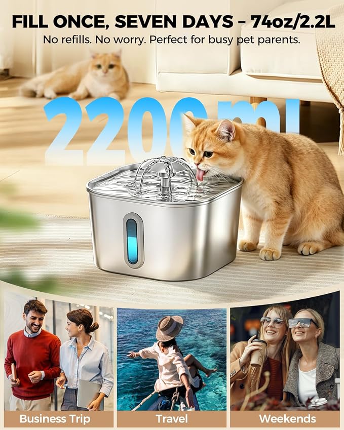 Cat Water Fountain Stainless Steel 74oz/2.2L with 6 Filters & 6 Sponges | Pet Water Dispenser-Indoor Cats Automatic Silent Fountains for Drinking-Metal Small Dog Watering Bowls-Gifts for Kitty Animal - Image 2