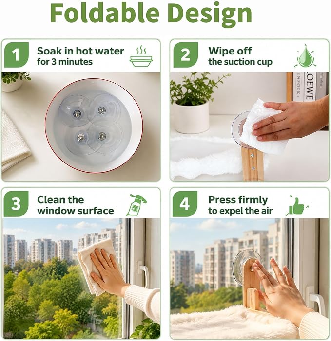 Foldable Cat Window Perch,Cat Hammock Bed with Wood Frame,Washable Soft Rabbit Fur Cover,Strong Suction Cup,Window Seat for Kitten, Indoor Cats, Birds Watching - Image 5