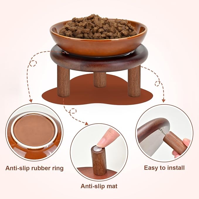 SPUNKYJUNKY Extra Wide Elevated Ceramic Cat Bowl with Acacia Wood Stand Whisker Friendly (Cat Paw Pattern, 2 Pack, Brown) - Image 5