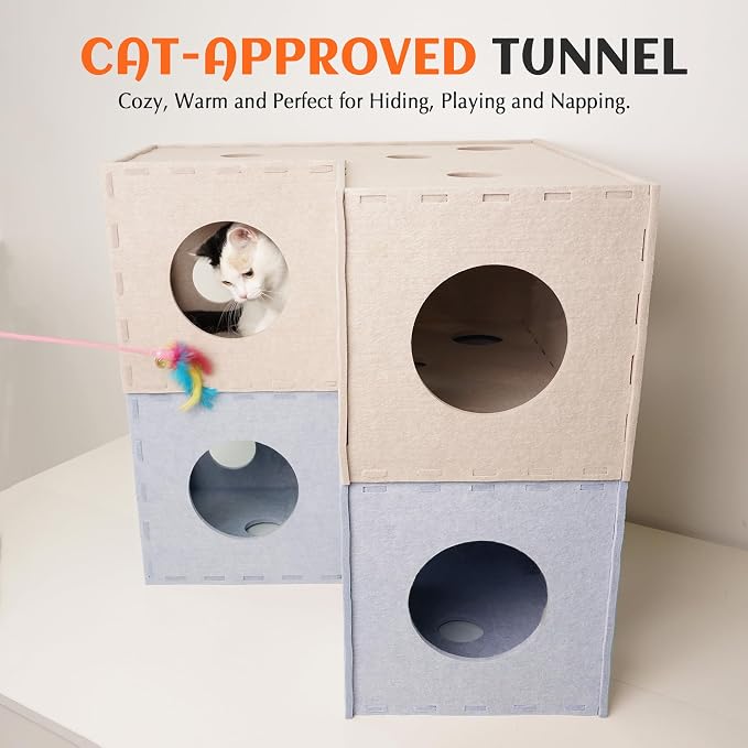 PETKARAY Cat Tunnel, Original Cat Hideaway Cave for Indoor Cats, Large Kitten Play Tubes and Tunnels, Soft Felt Cat Toy with Interactive Peek Hole, Beige L Shape - Image 6
