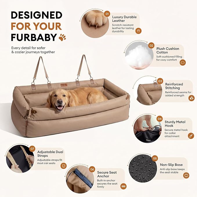 FUNNY FUZZY Leather Dog Car Seat for Large Size Dogs, Pet Booster Car Seats | Waterproof Car Seat with Safety Clip-On Leash, Soft Fabric Car Dog Bed Filling Memory Cotton, Washable Travel Pet Bed(Khaki) - Image 2