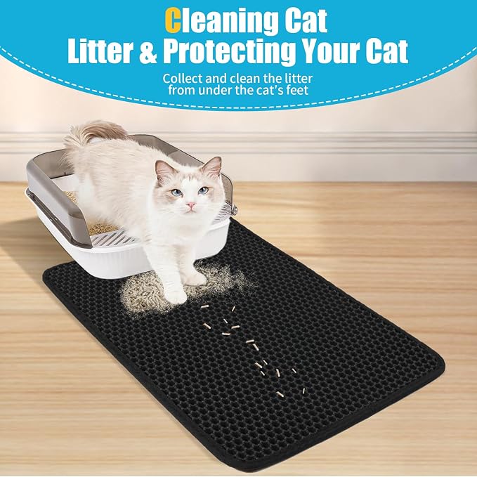 Cat Litter Mat 35"x24", Double Layer Waterproof Litterbox Mat, Black | Non-slip backing, washable for easy cleanup, traps stray litter with waterproof honeycomb large grid that is urine-proof - Image 3