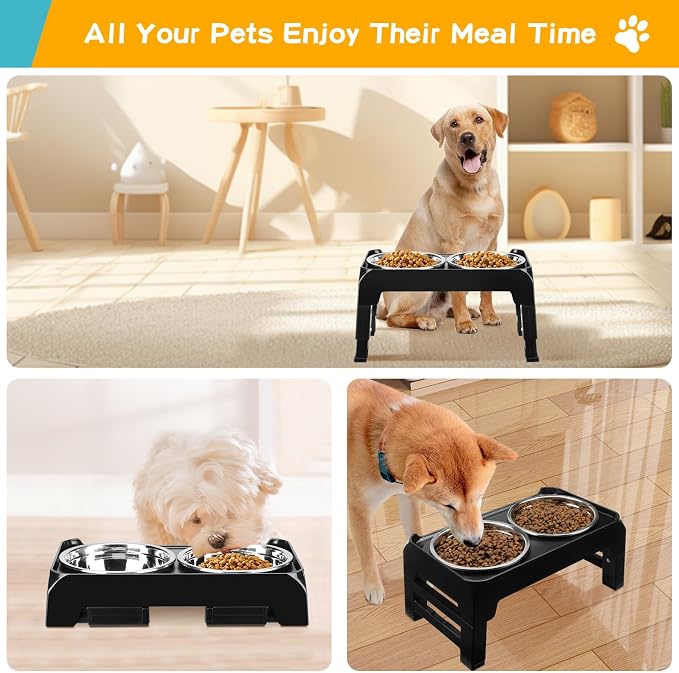 COMESOON Elevated Dog Bowls for Small Medium Dogs, 3 Height Adjustable Raised Stand with 2 Thick 6" Stainless Steel Food Bowls, Non-Slip Feeder Adjusts to 2.75", 6", 7.5", Black - Image 8