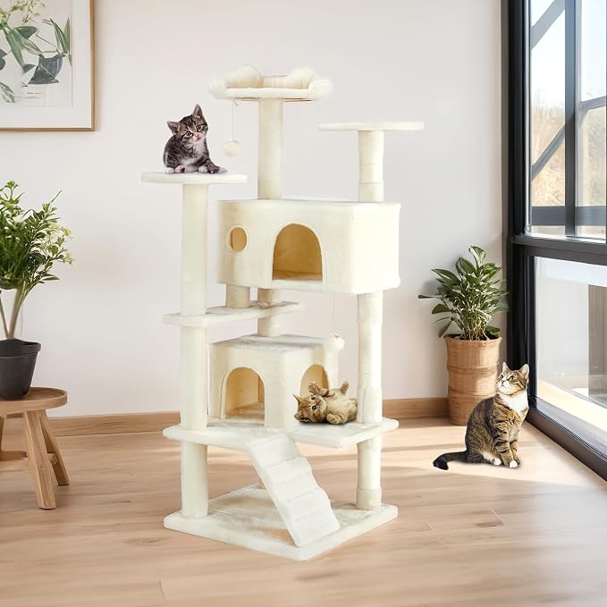 Sweetcrispy 54-inch Cat Tree Tower with Scratching Posts, Indoor Use | Multi-Level Indoor Cat Tree Condo with Climbing Ladder, Plush Toy, Play House for Kitten, Beige - Image 7