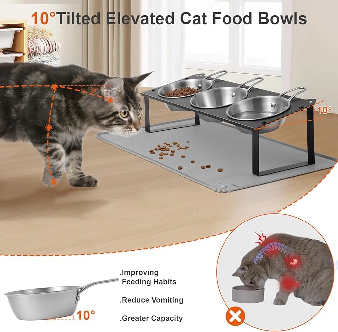 Elevated Cat Bowls with Food Mat, 10°Tilted Non-Slip Raised Cat Food Water Bowls Set, 3 Thick Stainless Steel Pets Dishes with Handles to Indoor Kitten Puppy, Anti-Vomiting Cute Metal Feeding Stand - Image 2