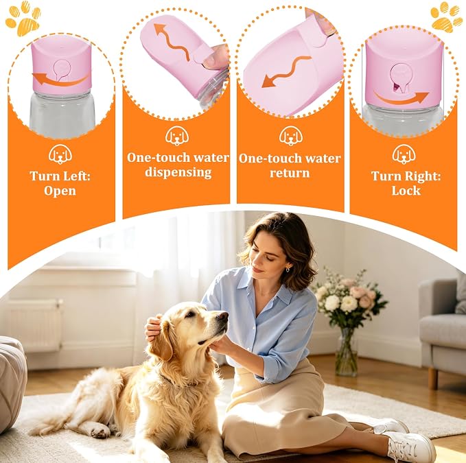 Portable Dog Water Bottle with Food Container, Pink, 12oz | BPA Free, Easy to Carry, One-Button Operation, Dishwasher Safe, for Pets Walking, Hiking, Travel - Image 3