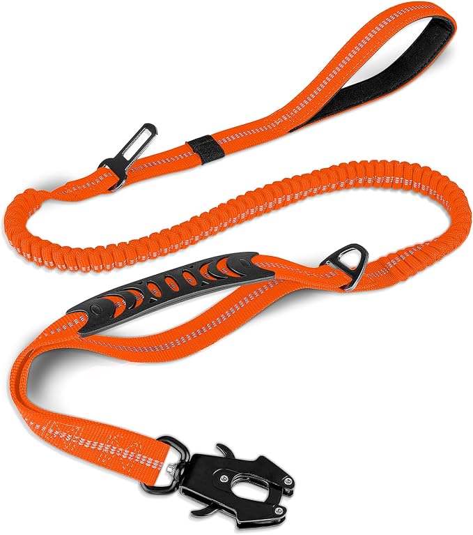 Joytale Tactical Bungee Dog Leash, Shock Absorbing No Pull, Orange | for Large Dogs That Pull, 2 Padded Handles for Control, Car Seatbelt Clip, Reflective for Night Safety, Metal Frog Clip by Joytale