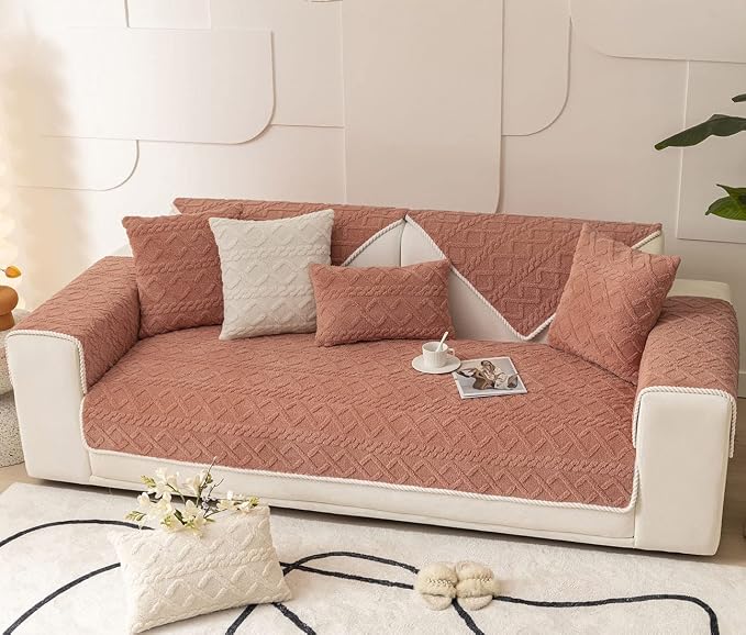 vctops Geometric Jacquard Plush Sofa Couch Covers Farmhouse Neutral Non Slip Sectional Couch Cover Soft Warm Sofa Slipcover for Dogs, Children, Pets Furniture Protector (Orange,36"x47") - Image 3