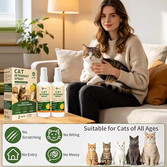 Cat Deterrent Spray for Furniture, Natural Cat Training Spray for Cats to Stop Scratching, Urine Marking & Chewing, Pet Safe for Indoor & Outdoor Use, Orange Scent, 2 Pack (3.4 Fl Oz Each) - Image 6