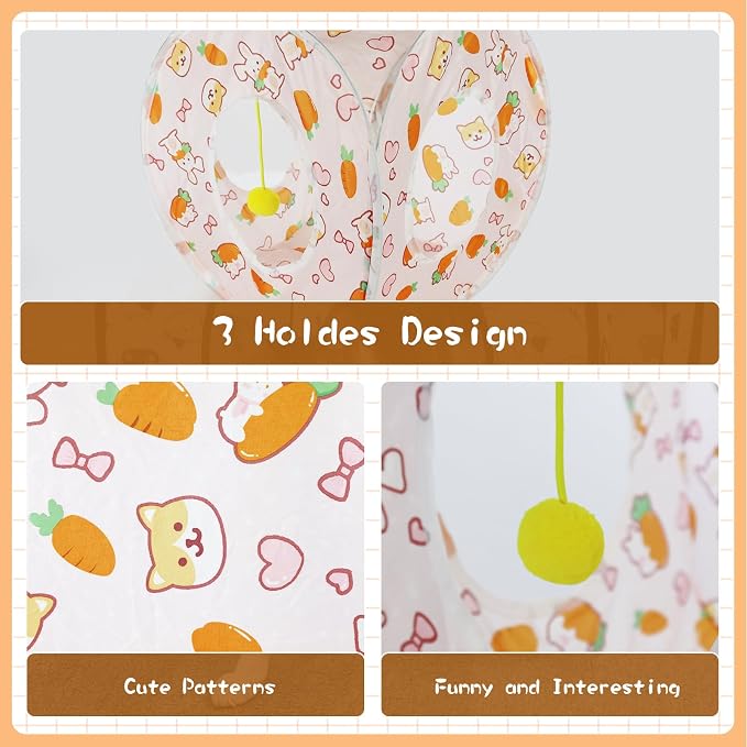 Andiker Cat Tent, 3 Holes Safe and Strong Cute Cats Tunnel Collapsible Easy to Carry Cat House for Indoor Cats Kittens Hiding Playing Training Sleeping (Square Carrot) - Image 3