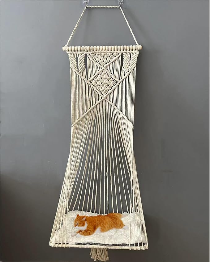 Macrame Hanging Cat Hammock Bed Cat Swing House Space Saving Window Perch with Washed Cotton Cats Toy Tassel Basket Tapestry (Beige, Swing Bed+Cushion) - Image 5