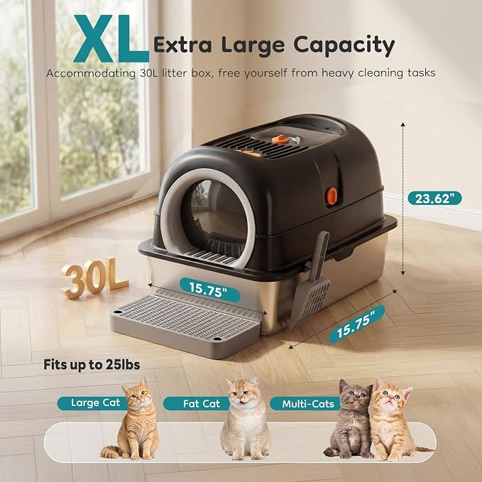OLIXIS Stainless Steel Enclosed Litter Box with Lid, High Sided | Cat Litter Pan for Big Cats, Extra Large Cat Box with Scoop & Mat, Front & Top Entry, Easy Cleaning, Black - Image 6