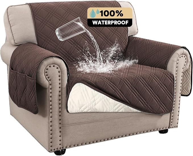PrinceDeco 100% Waterproof Chair Sofa Slipcover for Living Room Water Resistant Couch Cover Furniture Protector Cover with Elastic Straps for Pets Kids Children Dog Cat(Chair 23", Brown) by PrinceDeco