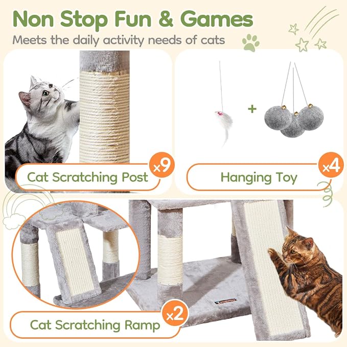 Taoqimiao Cat Tree for Large Cats, 76.8 Inches XL Cat Tower for Indoor Cats | 2 Scratch Boards, 3 Top Perches, 9 Scratching Posts, Multi-Level Cat Tree with 2 Condos, 2 Cozy Basket, Light Gray, T20W - Image 6