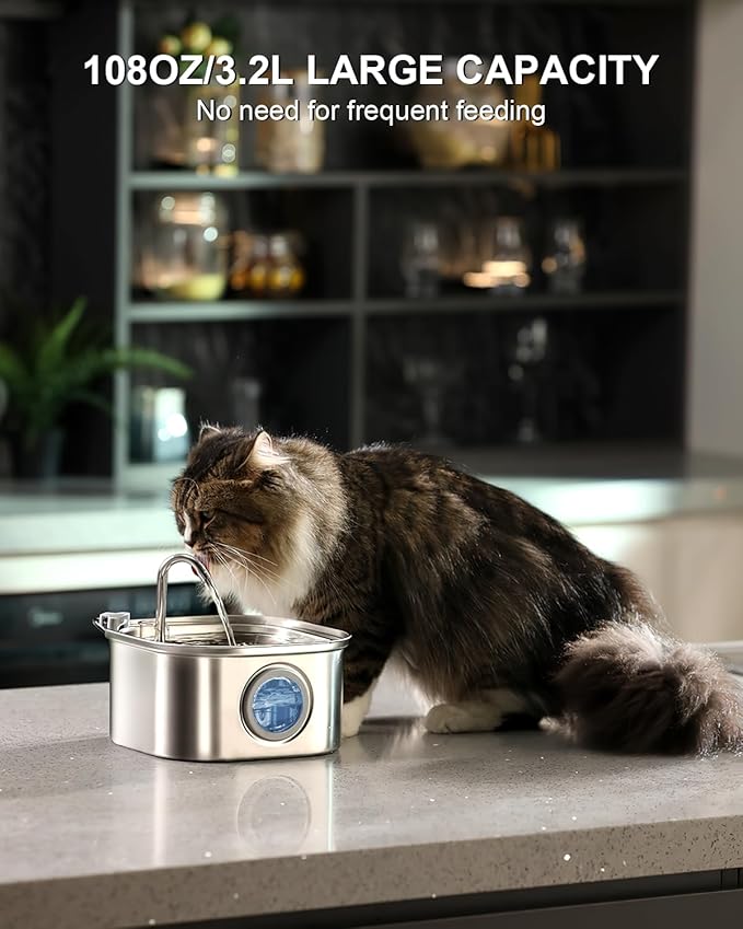 Cat Water Fountain Stainless Steel: 108oz/3.2L Automatic Pet Water Fountain - Dog Water Dispenser with Water Level Window - for Cats Inside with 8 Replacement Filters and 8 Sponges - Image 4