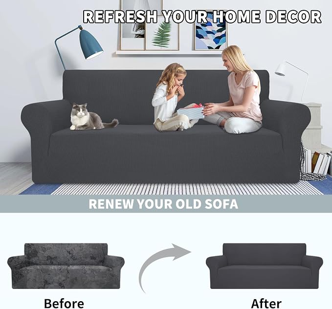 MAXIJIN Super Stretch Couch Cover for 3 Cushion Couch, 1-Piece Universal Sofa Covers Living Room Jacquard Spandex Furniture Protector Dogs Pet Friendly Fitted (Large, Gray) - Image 2