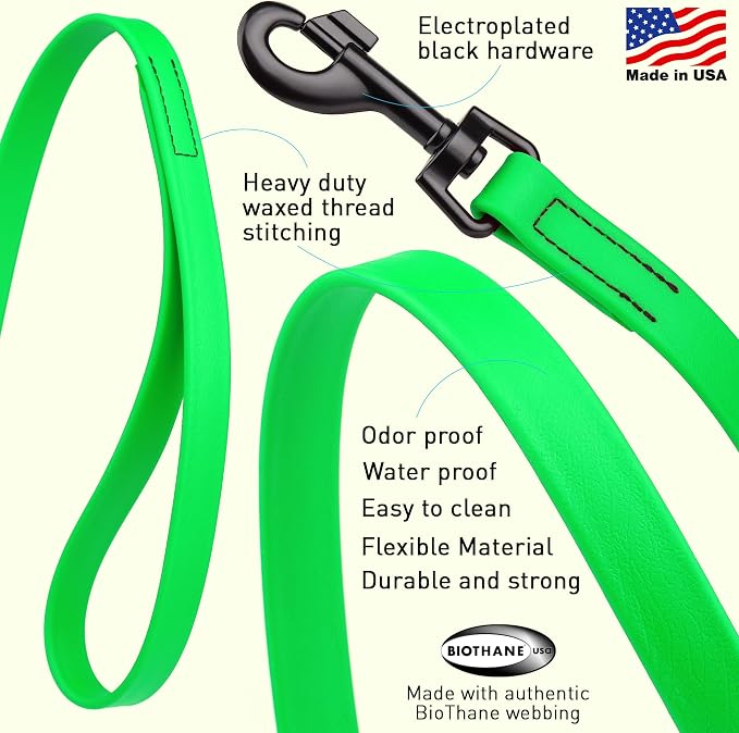Dogline Biothane Waterproof Dog Leash Strong Coated Nylon Webbing with Black Hardware Odor-Proof Easy to Clean High Performance for Small or Large Dogs Made in USA 4 or 6 ft Lead, Tropical Green - Image 2