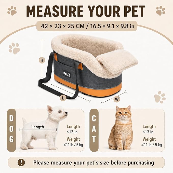 Pet Car Center Console Elevated Armrest Car Seat for Small Puppy, Dogs & Cats (Up to 10 lbs) – Dark Gray Washable Plush Carrier with Safety Leash, Fits Front Vehicle Console Space (Dark Grey) - Image 2