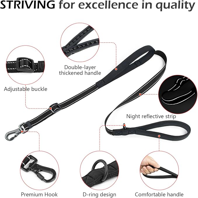 Reflective Double Handle Dog Leash for Large Medium Small Dogs (BK, L) | Heavy Duty, Adjustable with Soft Padded Handles, Traffic Control for Training, Walking, Running - Image 3