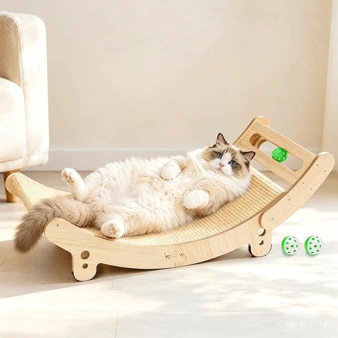 31.5" Sisal Cat Scratcher Bed with Bell Balls Wooden Cat Furniture(XXL) | Cat Scratching Post for Indoor Cats Hammock.Natural Sisal Cat Scratch.Anti Slip and Stable Without Shaking.Easy to install by NxwjoyPet