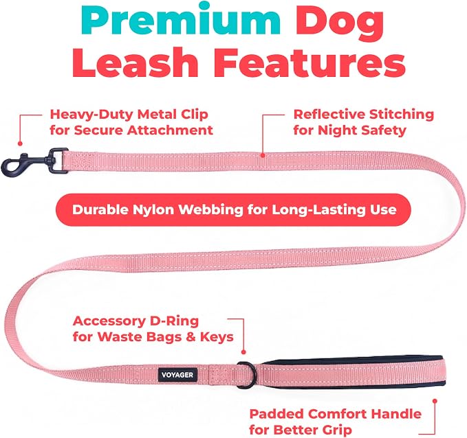 Best Pet Supplies Voyager Reflective Dog Leash or Collar with Neoprene Handle, for Small, Medium, and Large Breed Puppies, Cute and Heavy Duty for Walking, Running and Training - Soft Pink (Leash), M - Image 2