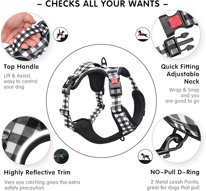 PoyPet Plaid Dog Harness Medium, No Pull Vest with Front Clip & Neck Buckle | Padded Handle, Reflective, No Choke, Lockable, 2 Leash Rings, Full Adjustable, for Training Walking, M, Grid - Image 4