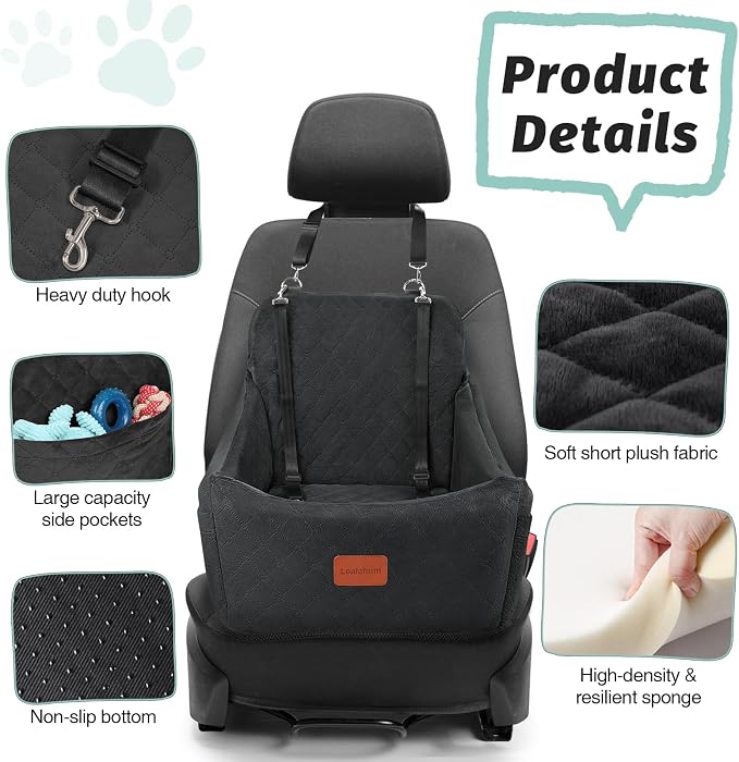 Lealchum Dog car seat for Medium Dogs,Easy to Install with Adjustable Straps,Anti Slip Bottom pet car Bed,Fully Detachable and Washable pet Travel Bed (Black, Medium) - Image 2