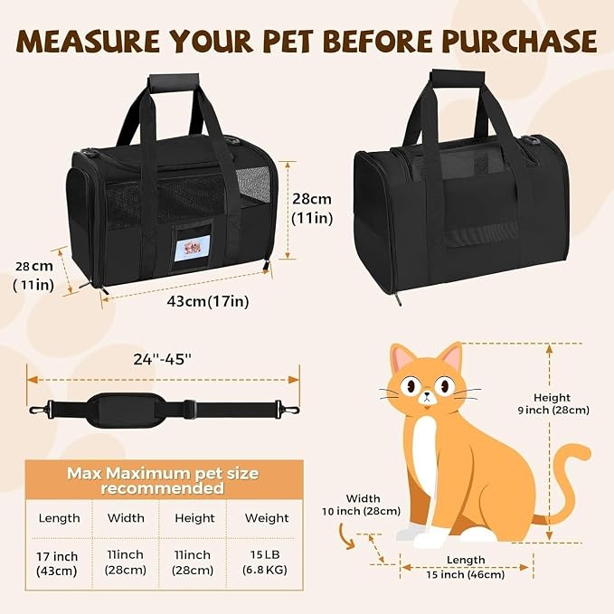 Soft Cat Carrier with Detachable Food Bowl,Pet Travel Bag (Up to 16 lbs) | Puppy Crate with Lockable Zippers,Airline Travel for Small Dog,Kitten,Animal,Breathable Mesh Kennel,Carrying Case,Black - Image 3