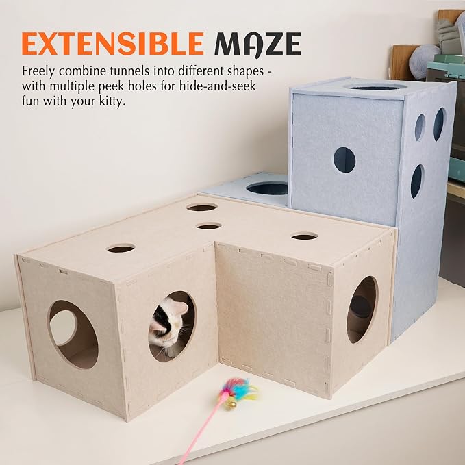 PETKARAY Cat Tunnel, Original Cat Hideaway Cave for Indoor Cats, Large Kitten Play Tubes and Tunnels, Soft Felt Cat Toy with Interactive Peek Hole, Beige L Shape - Image 4