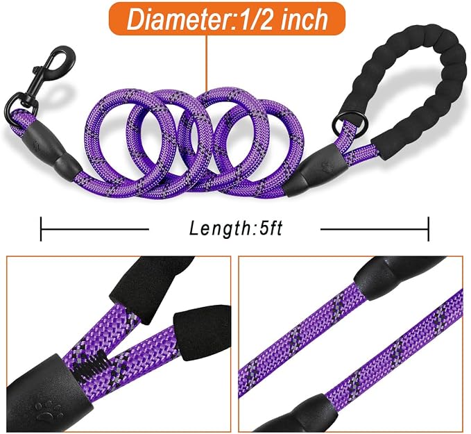 BARKBAY Dog Leashes for Large Dogs Heavy Duty Dog Leash 2 Pack 5 FT with Comfortable Padded Handle Highly Reflective Threads for Medium Large Dogs Walking Training Running (5FT-1/2,Purple+Black) - Image 6