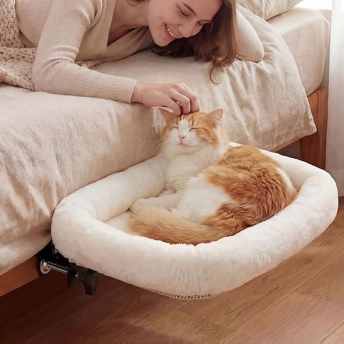 Lewtemi Bedside Pet Bed, Hanging Cat Hammock Attached to Bed or Desk, Adjustable Lounge with Heavy Duty Metal Frame, Soft Plush Guardrail, Stable Supports up to 44 Lbs for Large Cats(Cream) by Lewtemi
