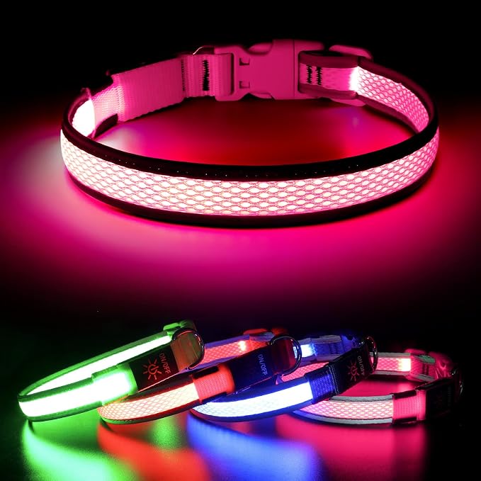 BSEEN Light Up Dog Collars - Reflective LED Dog Collar, Adjustable Puppy Collar, Rechargeable Dog Camping Gear Dog Collar Light for Small Medium Large Dogs (Large, Pink) by BSEEN