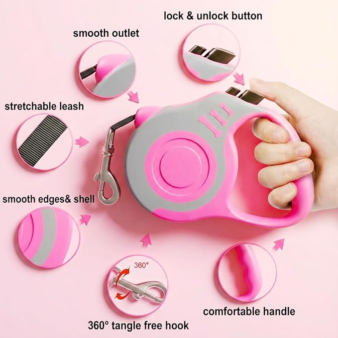 Retractable Dog Leash Lightweight 10/16FT Leash with Non-Slip Handle, for Small Dogs Puppy(Gray Pink, 10FT) | with Non-Slip Handle for Small Dogs Puppy (Gray Pink, 10FT) - Image 3