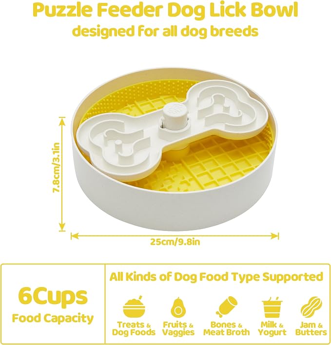 Puzzle Feeder Slow Feeder Dog Bowl with Lick Mat and Puzzle Inserts - Non-Slip Base, Adjustable Speed Design, Dishwasher Safe for Large Dogs,Yellow - Image 6