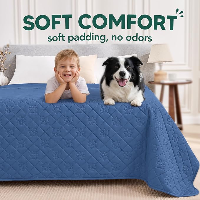 PAWFINITY Waterproof Bed Cover for Dogs, Pet Blanket for Mattress Washable | Paw Print Quilted, Hair Resistant, Anti Cat Scratch, Pee Proof Furniture Protector for Bed, Couch and Sofa, 52x82 Inch, Blue - Image 4