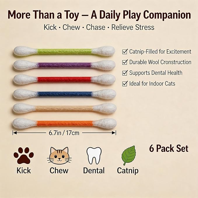6Pack Cotton Swabs Cat Toys with Catnip, Giant Qtip Chew Sticks & Teething Ropes for Boredom Relief, Durable Interactive Felt Kitty Kicker Toy for Exercise. - Image 3