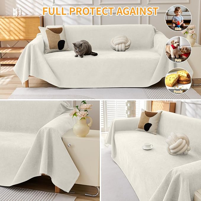 Deep Dream Cat-Scratch Resistant Couch Cover, Waterproof Sofa Cover for 3 Cushion Couch Washable, Pet Friendly Couch Protectors Anti Slip Thickened Sofa Slipcovers for Dogs Pets, 71" x 134", White - Image 5
