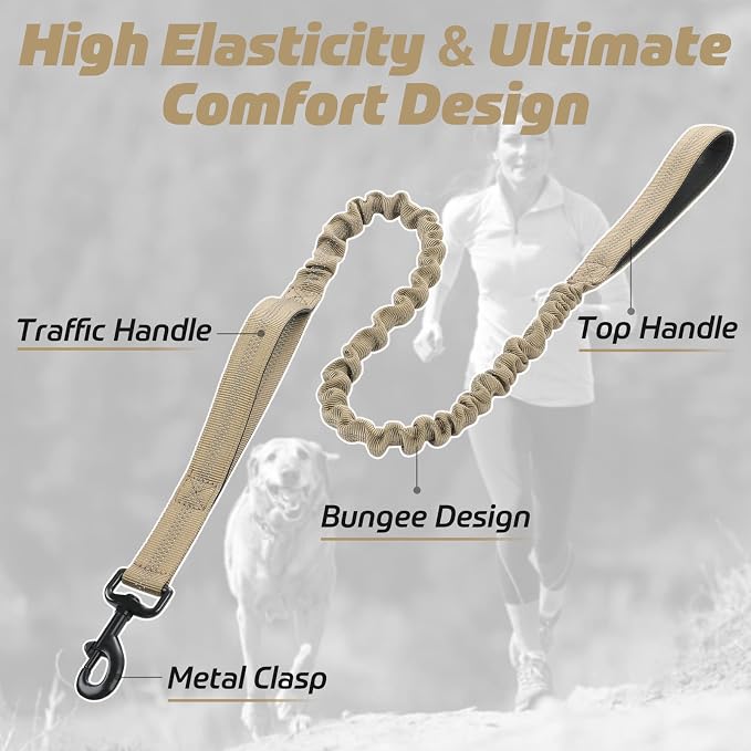 rabbitgoo Tactical Dog Leash, Heavy Duty Training Bungee Lead | Military Leash with 2 Padded Control Handles for Medium Large Dogs, No Pull for Shock Absorption, Reflective, Brown, 6FT - Image 4