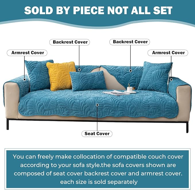 Couch Covers Plush Quilted Sofa Covers for Sectional Sofa Washable | Palm Leaves Couch Cover Chenille Non Slip Sofa Covers Soft Sofa Slipcover Furniture Protector for Pets Kids Children Dogs Cat - Image 2